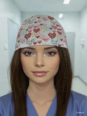 Handmade Blue Print Scrub Cap/ Nurse Hat with Hearts Scattered Throughout.